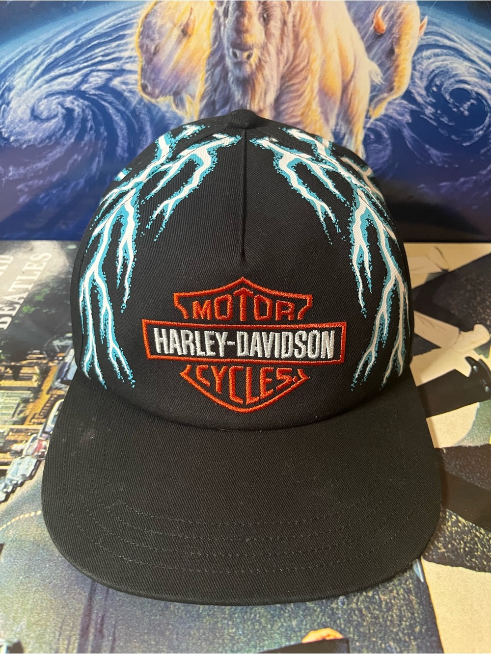 Harley Davidson thunder lightning big logo all over print AOP snapback hat cap